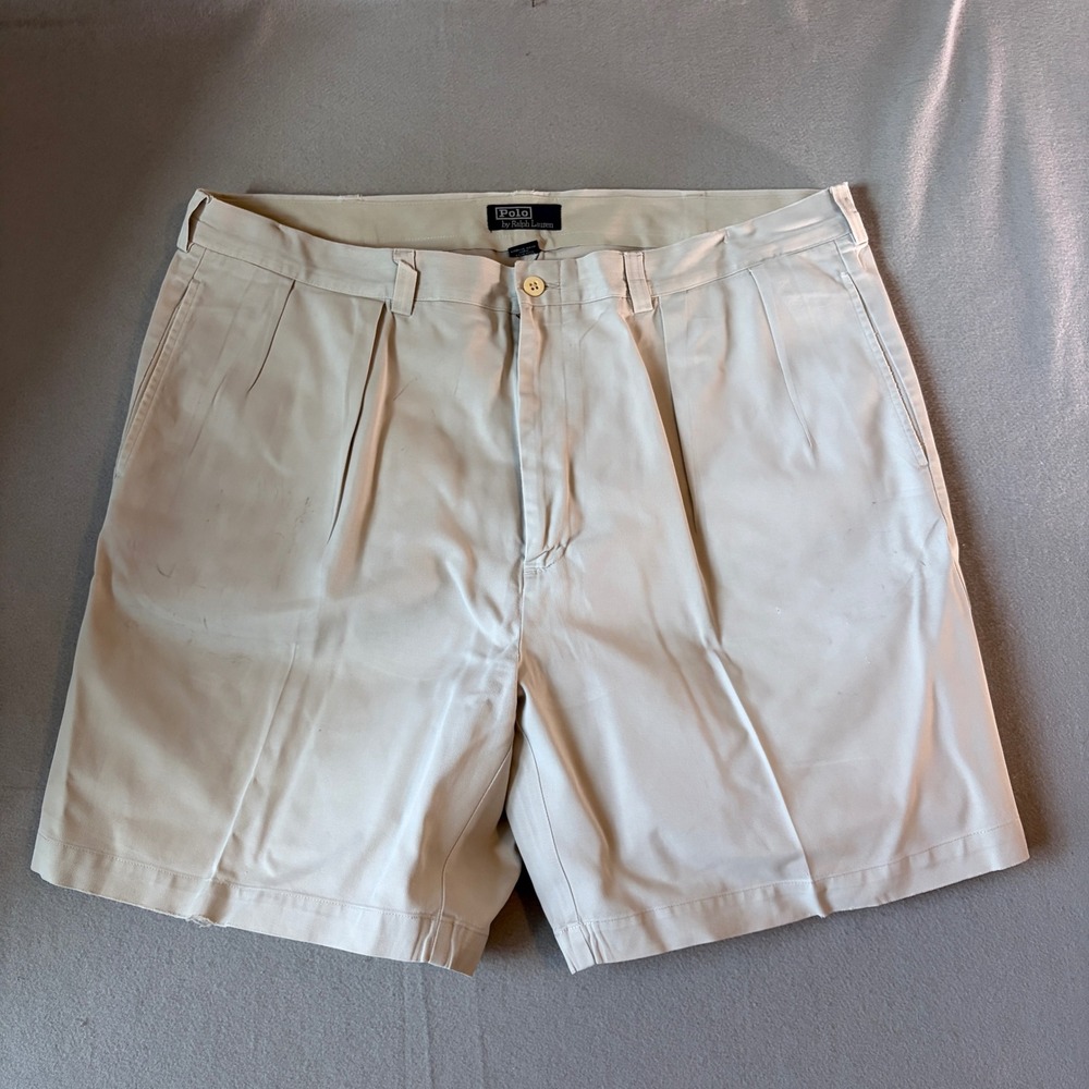 Polo Ralph Lauren Mens Pleated Chino Shorts Beige Tan Size 44 Cotton Twill